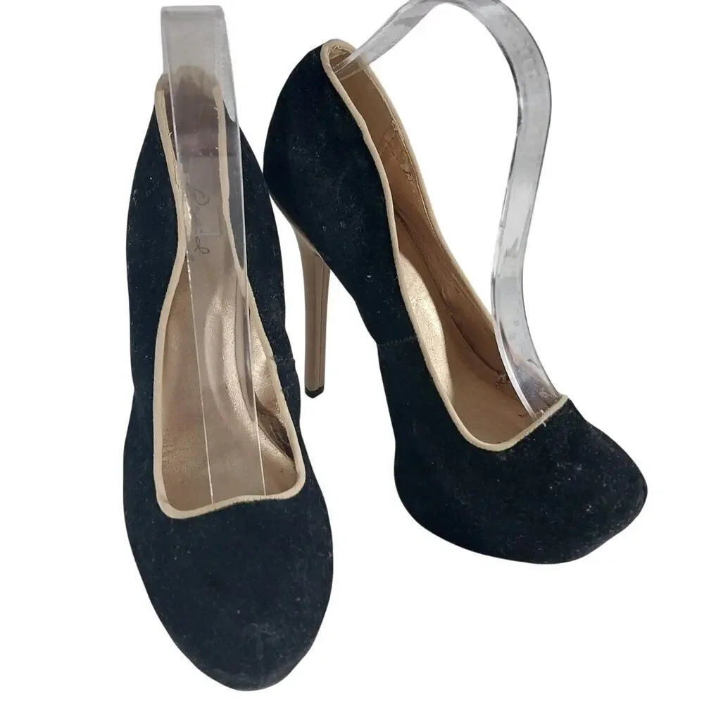 QUPID! BLACK VELVETEEN & TAN VEGAN SUEDE STILETTO PLATFORM HEELS, PUMPS! SZ 8.5M